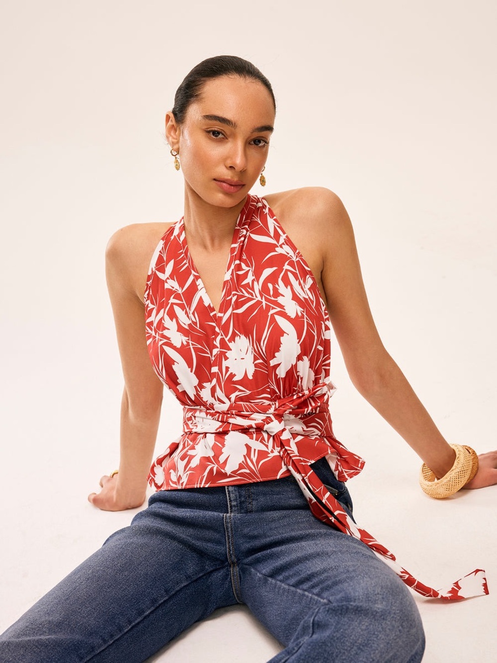 Commense Red and White Floral Wrap Blouse